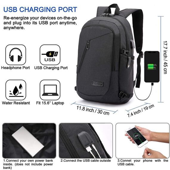 WENIG Laptop Rucksack Herren Anti-Diebstahl Laptoptasche 15.6 Zoll für Arbeit mit USB Ladeanschluss Business Reisen für Männer Notebook wasserdichte Schulrucksack Jungen Teenager Schwarz