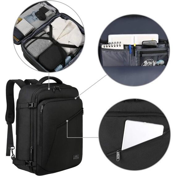 MATEIN 40L Reiserucksack Handgepäck Flugzeug, Erweiterbar 50x35x20cm Herren Cabin Bag Leichtgewicht Reise Rucksack Damen Schulrucksack Carry On Travel Backpack für Business, Arbeit, Schwarz