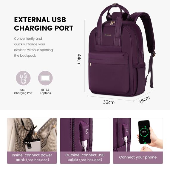 LOVEVOOK Laptop Rucksack Damen, 15,6 Zoll Schulrucksack Teenager mit USB Ladeanschluss, Wasserdicht Tagesrucksäcke Reiserucksack, Elegant Travel Backpack für Schule Büro Reise, Dunkelviolett