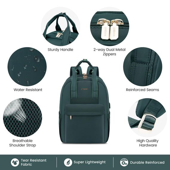 LOVEVOOK Laptop Rucksack Damen, 15,6 Zoll Schulrucksack Teenager mit USB Ladeanschluss, Wasserdicht Tagesrucksäcke Reiserucksack, Elegant Travel Backpack Daypack für Schule Büro Reise, Dunkelgrün