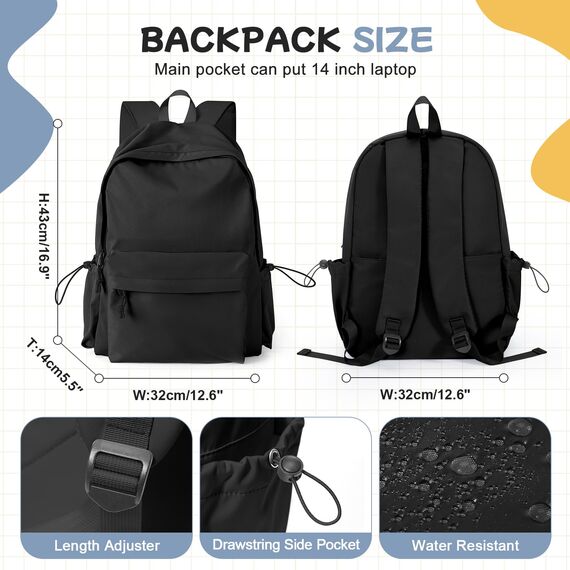 HYC00 Schulrucksack Damen, Causal Travel Schultaschen 14 Zoll Laptop Rucksack für Mädchen Teenager Schultasche Leichter Rucksack Schule Aesthetic Bookbag College Backpack Boys Men Work Daypack,Schwarz
