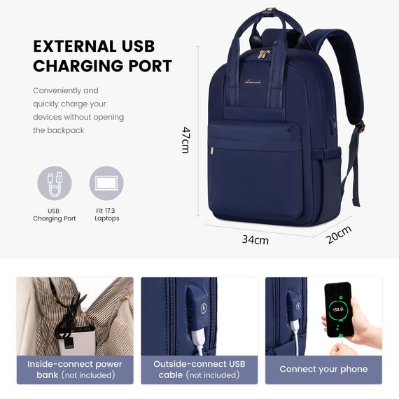 LOVEVOOK Rucksack Damen Groß, 17 Zoll Laptop Schulrucksack Teenager mit Laptopfach, Elegant Schultasche Tagesrucksäcke Handgepäck Rucksack für Uni Reise Arbeit, Marineblau