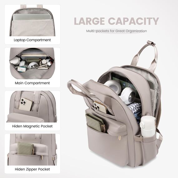 LOVEVOOK Rucksack Damen, 15,6 Zoll Laptop Rucksack Wasserdicht, Elegant Schulrucksack Teenager Mädchen mit Laptopfach, Reiserucksack Arbeitstasche Backpack Women für Schule Reise Arbeit, Taro-grau