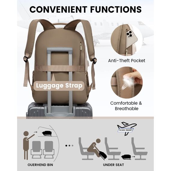 LOVEVOOK Laptop Rucksack Damen 17 Zoll groß Schulrucksack Mädchen Teenager Schultasche Wasserdichter Rucksäcke Elegant mit USB Ladeanschluss, für Reise Uni Business, Beige Khaki