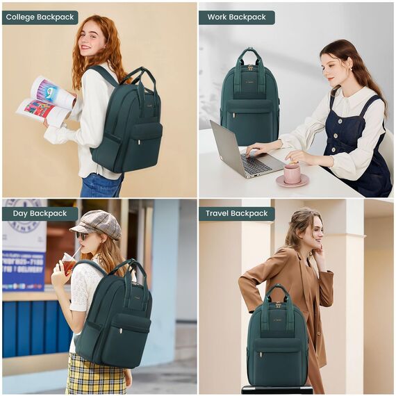 LOVEVOOK Laptop Rucksack Damen, 15,6 Zoll Schulrucksack Teenager mit USB Ladeanschluss, Wasserdicht Tagesrucksäcke Reiserucksack, Elegant Travel Backpack Daypack für Schule Büro Reise, Dunkelgrün