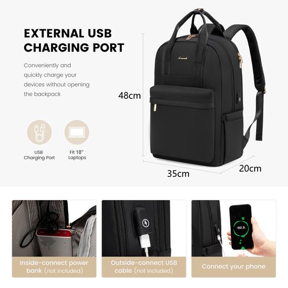 LOVEVOOK Rucksack Damen Groß, 18 Zoll Laptop Schulrucksack Teenager Mädchen mit Laptopfach, Elegant Reiserucksack Tagesrucksäcke Handgepäck Rucksack für Uni Büro Reise Arbeit, Schwarz