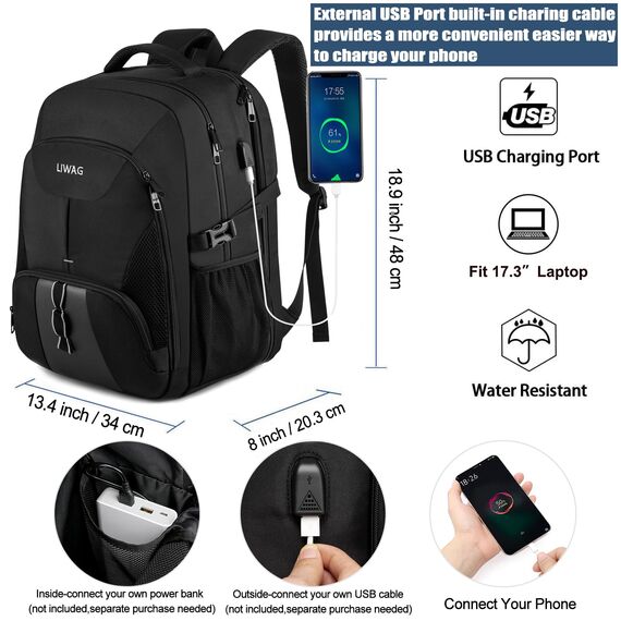 Extra Groß Rucksack Herren 50L Wasserdicht Arbeit Laptop Rucksack für 17 zoll mit USB Ladeanschluss Business Reisen Notebook Schulrucksack für Männer Frauen Jungen Teenager Schwarz