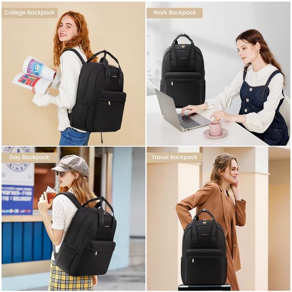 LOVEVOOK Rucksack Damen Groß, 18 Zoll Laptop Schulrucksack Teenager Mädchen mit Laptopfach, Elegant Reiserucksack Tagesrucksäcke Handgepäck Rucksack für Uni Büro Reise Arbeit, Schwarz