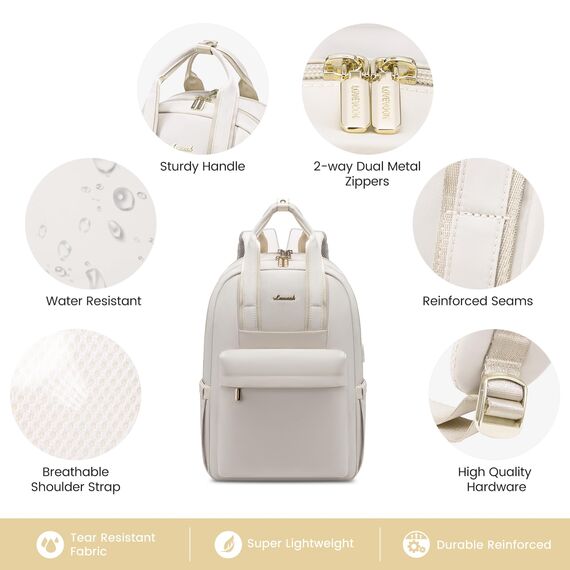 LOVEVOOK Rucksack Damen Elegant, 15,6 Zoll Laptop Schulrucksack Teenager Mädchen mit Laptopfach, Wasserdicht Daypack Schultasche Lehrertasche für Schule Uni Reisen Arbeit, Cremefarben