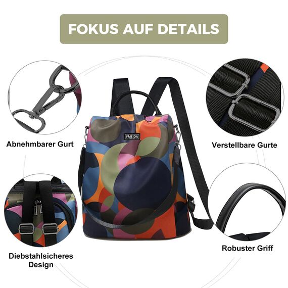 Fmeida Rucksack Damen Anti Diebstahl Handtaschen Wasserdichte Nylon Schulrucksack 2 in 1 Schultertasche Shopper Casual Daypack Reiserucksack für Frauen Mädchen (Bunt)