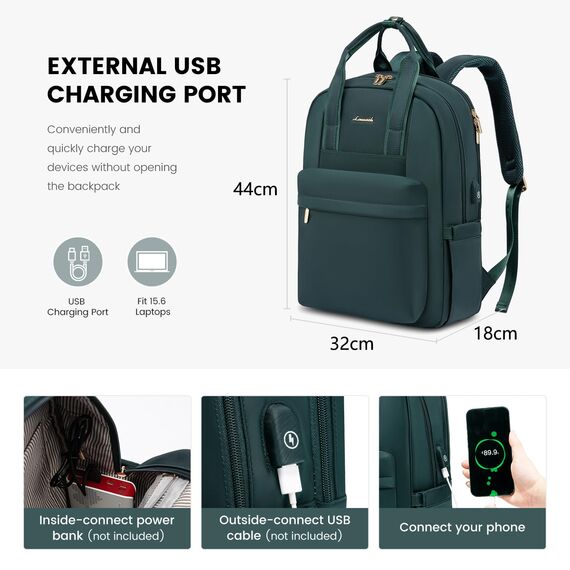 LOVEVOOK Laptop Rucksack Damen, 15,6 Zoll Schulrucksack Teenager mit USB Ladeanschluss, Wasserdicht Tagesrucksäcke Reiserucksack, Elegant Travel Backpack Daypack für Schule Büro Reise, Dunkelgrün