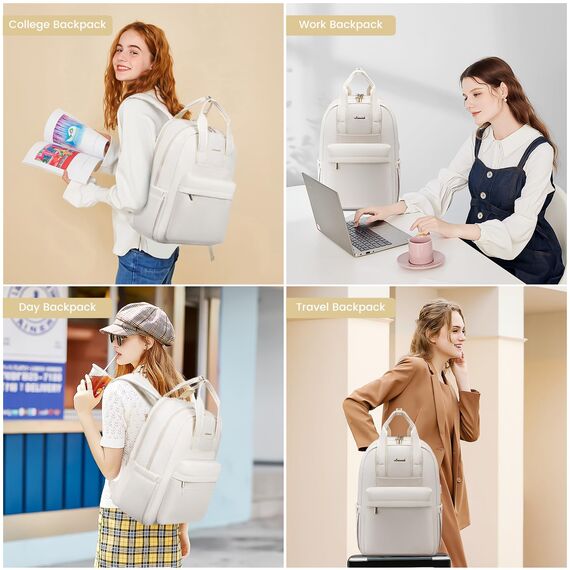LOVEVOOK Rucksack Damen Elegant, 15,6 Zoll Laptop Schulrucksack Teenager Mädchen mit Laptopfach, Wasserdicht Daypack Schultasche Lehrertasche für Schule Uni Reisen Arbeit, Cremefarben