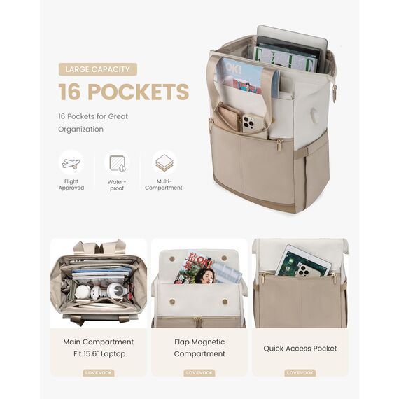 LOVEVOOK Rucksack Damen groß, 18 Zoll Laptop Schulrucksack Teenager, Arbeitstasche SChultasche mit USB, Backpack Women elegant, Tagesrucksack Handtasche 2 in 1 für Büro Uni Reise, Beige & Khaki