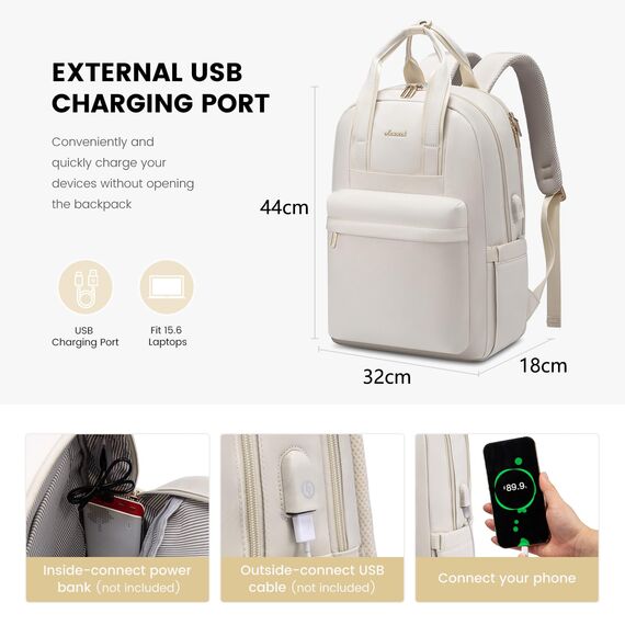 LOVEVOOK Rucksack Damen Elegant, 15,6 Zoll Laptop Schulrucksack Teenager Mädchen mit Laptopfach, Wasserdicht Daypack Schultasche Lehrertasche für Schule Uni Reisen Arbeit, Cremefarben