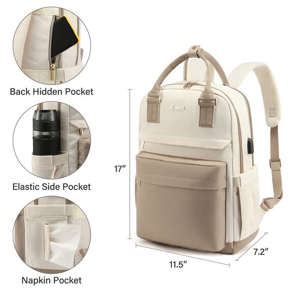 LOVEVOOK Rucksack Damen, 15,6 Zoll Laptop Schulrucksack Mädchen Teenager mit Laptopfach, Wasserdichter Schultasche Daypack Elegant für Schule Uni Reise Arbeit, Khaki Beige