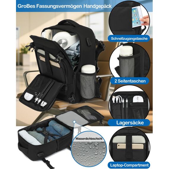 KLOSTAIN für Easyjet Handgepäck 45x36x20 Handgepäck Rucksack Reiserucksack Flugzeug Tasche Laptop Rucksack 14 Zoll für Herren Damen Schulrucksack Teenager Jungen,Schwarz