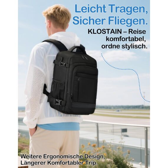 KLOSTAIN für Easyjet Handgepäck 45x36x20 Handgepäck Rucksack Reiserucksack Flugzeug Tasche Laptop Rucksack 14 Zoll für Herren Damen Schulrucksack Teenager Jungen,Schwarz