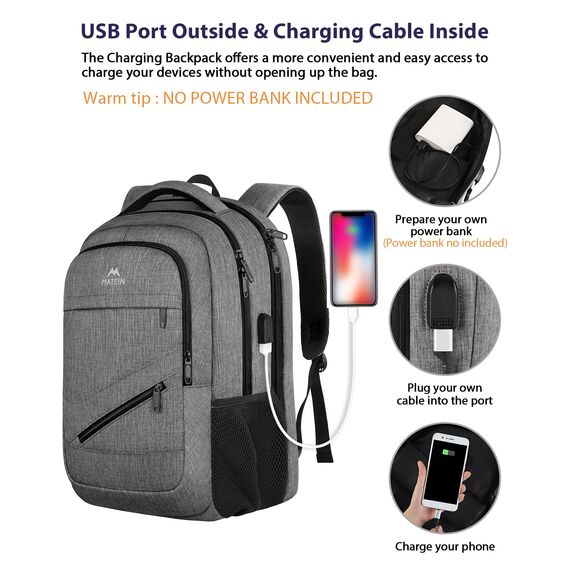 MATEIN Laptop Rucksack Herren 17 Zoll, Großer Wasserfester Rucksack Herren Reisen Tasche Arbeit Business Schulrucksack mit USB Ladeanschluss, Anti Diebstahl TSA Backpack Teenager Daypack, Grau