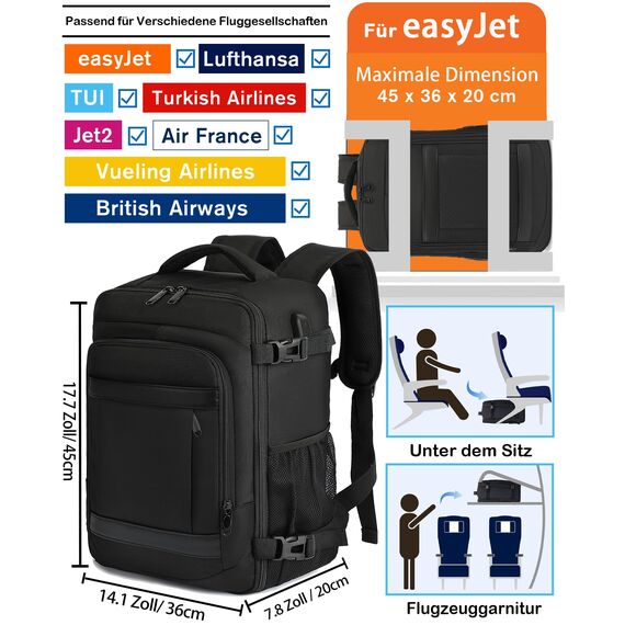 KLOSTAIN für Easyjet Handgepäck 45x36x20 Handgepäck Rucksack Reiserucksack Flugzeug Tasche Laptop Rucksack 14 Zoll für Herren Damen Schulrucksack Teenager Jungen,Schwarz
