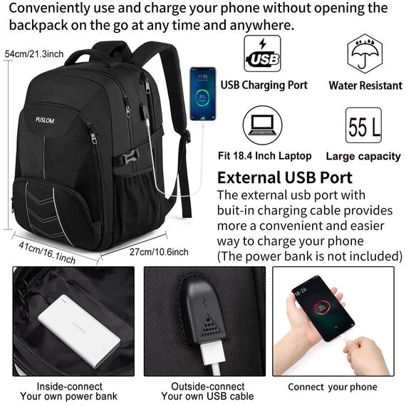 Extra Großer Rucksack Herren 55L Wasserdicht 18.4 Zoll Laptoptasche Arbeit Laptop mit USB Ladeanschluss Anti Diebstahl Business Reisen Schulrucksack für Männer Frauen Jungen Teenager Schwarz