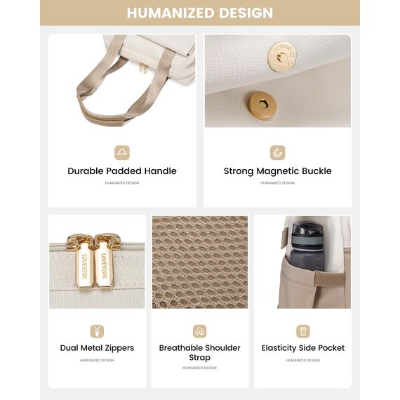 LOVEVOOK Rucksack Damen groß, 18 Zoll Laptop Schulrucksack Teenager, Arbeitstasche SChultasche mit USB, Backpack Women elegant, Tagesrucksack Handtasche 2 in 1 für Büro Uni Reise, Beige & Khaki