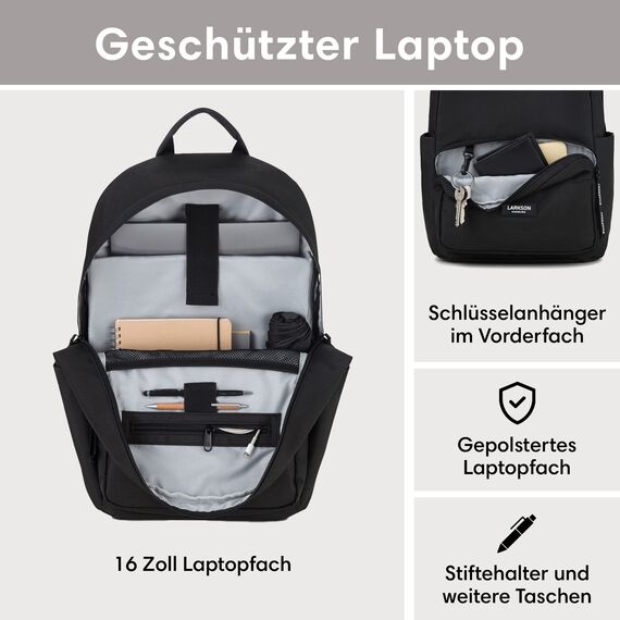 LARKSON Schulrucksack Mädchen & Jungen Teenager Schwarz - No 3 - Rucksack Damen & Herren für Schule - 16" Laptopfach - Aus Recyceltem PET - Wasserabweisend