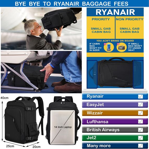 Handgepäck Rucksack 40x20x25 für Ryanair Klein Reiserucksack für Flugzeug Unter Sitzplatz Tasche Laptop Rucksack 14 Zoll mit USB Ladeanschluss für Herren Damen Schulrucksack Jungen Teenager,Schwarz