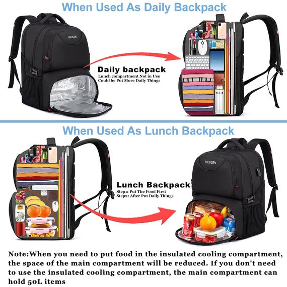 HILUSEN Groß Rucksack Herren 50L,Arbeit Rucksack Laptop Rucksack Herren 17.3 Zoll Schulrucksack mit USB Ladeanschluss Business Reisen Notebook Tasche Rucksäcke Männer Frauen Jungen Teenager Schwarz