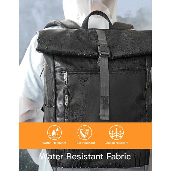 Inateck RollTop Rucksack Herren Damen 25L-30L Fahrradrucksack Schulrucksack für Uni Freizeit Job Sport Reisen, Stylische Tagesrucksack mit 17 Zoll Laptopfach, Schwarz