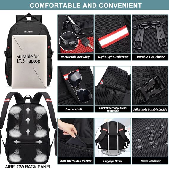 HILUSEN Groß Rucksack Herren 50L,Arbeit Rucksack Laptop Rucksack Herren 17.3 Zoll Schulrucksack mit USB Ladeanschluss Business Reisen Notebook Tasche Rucksäcke Männer Frauen Jungen Teenager Schwarz