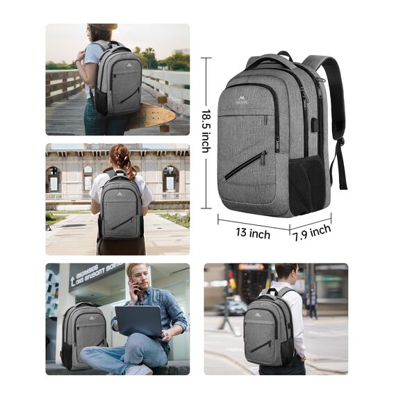 MATEIN Laptop Rucksack Herren 17 Zoll, Großer Wasserfester Rucksack Herren Reisen Tasche Arbeit Business Schulrucksack mit USB Ladeanschluss, Anti Diebstahl TSA Backpack Teenager Daypack, Grau