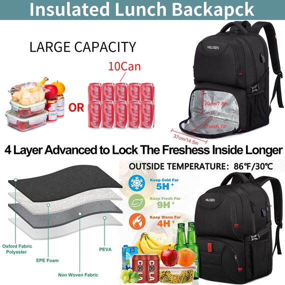 HILUSEN Groß Rucksack Herren 50L,Arbeit Rucksack Laptop Rucksack Herren 17.3 Zoll Schulrucksack mit USB Ladeanschluss Business Reisen Notebook Tasche Rucksäcke Männer Frauen Jungen Teenager Schwarz