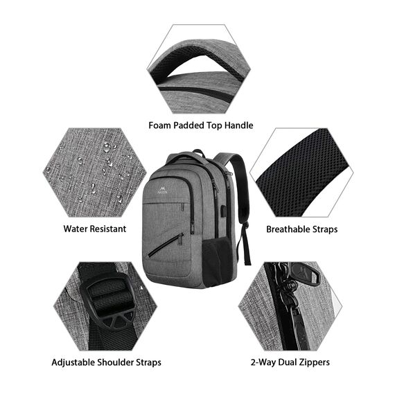 MATEIN Laptop Rucksack Herren 17 Zoll, Großer Wasserfester Rucksack Herren Reisen Tasche Arbeit Business Schulrucksack mit USB Ladeanschluss, Anti Diebstahl TSA Backpack Teenager Daypack, Grau
