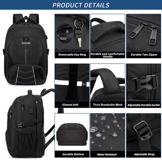 Extra Großer Rucksack Herren 55L Wasserdicht 18.4 Zoll Laptoptasche Arbeit Laptop mit USB Ladeanschluss Anti Diebstahl Business Reisen Schulrucksack für Männer Frauen Jungen Teenager Schwarz