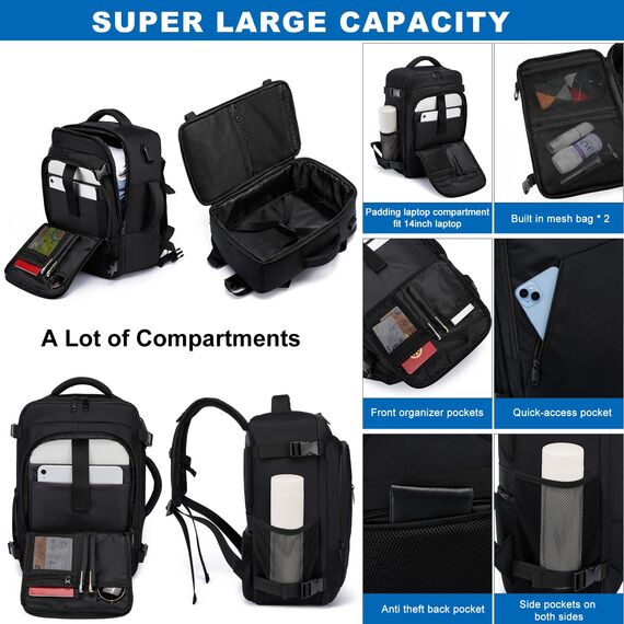 Handgepäck Rucksack 40x20x25 für Ryanair Klein Reiserucksack für Flugzeug Unter Sitzplatz Tasche Laptop Rucksack 14 Zoll mit USB Ladeanschluss für Herren Damen Schulrucksack Jungen Teenager,Schwarz