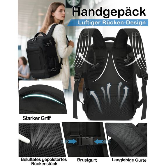 KLOSTAIN für Easyjet Handgepäck 45x36x20 Handgepäck Rucksack Reiserucksack Flugzeug Tasche Laptop Rucksack 14 Zoll für Herren Damen Schulrucksack Teenager Jungen,Schwarz