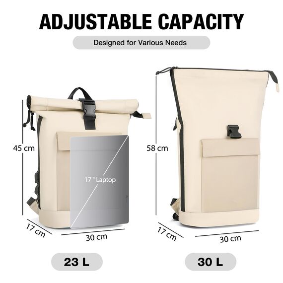 Lekeinchi Rolltop Rucksack Damen & Herren, Elegant Laptop Rucksack Wasserdicht mit 17 Zoll Laptopfach, Großer Reiserucksack Tagesrucksack Schulrucksack für Reisen, Uni Schule, Arbeit - Beige_XL