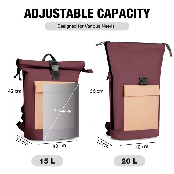 Lekeinchi Rolltop Rucksack Damen & Herren, Elegant Laptop Rucksack Wasserdicht mit 17 Zoll Laptopfach, Großer Reiserucksack Tagesrucksack Schulrucksack für Reisen, Uni Schule, Arbeit - Rotwein