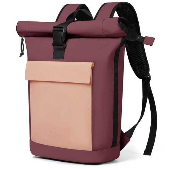 Lekeinchi Rolltop Rucksack Damen & Herren, Elegant Laptop Rucksack Wasserdicht mit 17 Zoll Laptopfach, Großer Reiserucksack Tagesrucksack Schulrucksack für Reisen, Uni Schule, Arbeit - Rotwein