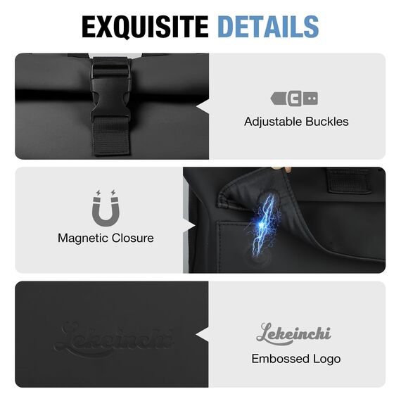 Lekeinchi Rolltop Rucksack Damen & Herren, Elegant Laptop Rucksack Wasserdicht mit 17 Zoll Laptopfach, Großer Reiserucksack Tagesrucksack Schulrucksack für Reisen, Uni Schule, Arbeit - Schwarz_XL