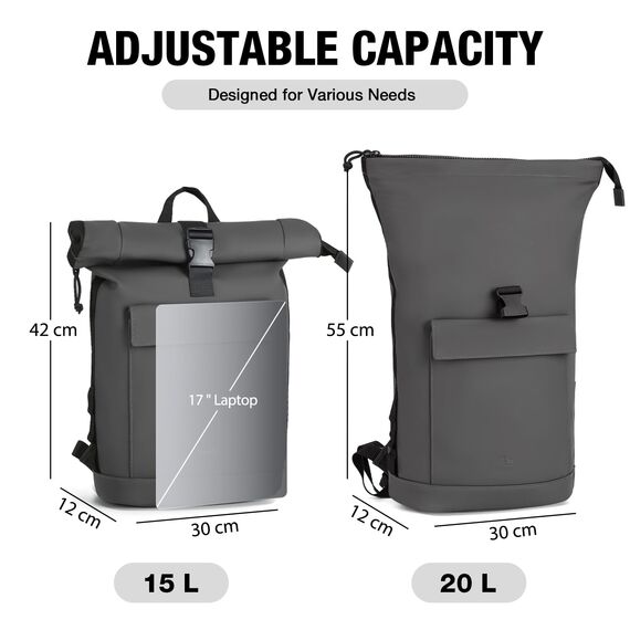 Lekeinchi Rolltop Rucksack Damen & Herren, Elegant Laptop Rucksack Wasserdicht mit 17 Zoll Laptopfach, Großer Reiserucksack Tagesrucksack Schulrucksack für Reisen, Uni Schule, Arbeit - Grau