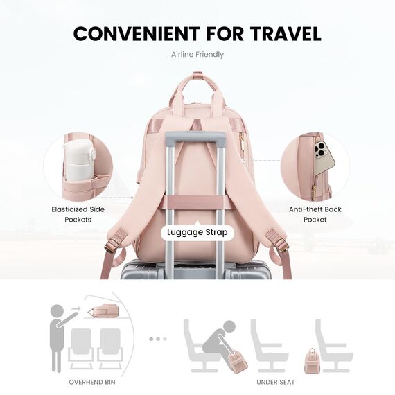 LOVEVOOK Damen Rucksack, 15,6 Zoll Laptop Schulrucksack Teenager Mädchen mit Laptopfach, Wasserdicht Cityrucksack Reiserucksack Modern, Elegant Lehrertasche Backpack Women für Freizeit Reise, Rosa