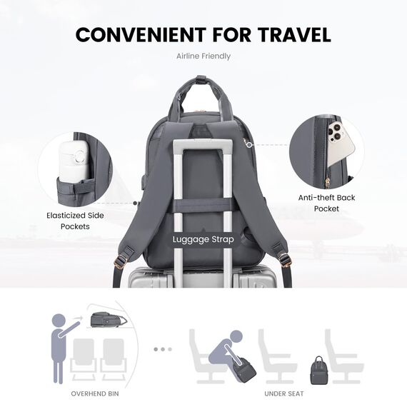 LOVEVOOK Laptop Rucksack Damen, 15,6 Zoll Schulrucksack Teenager mit USB Ladeanschluss, Wasserdicht Tagesrucksäcke Reiserucksack, Elegant Travel Backpack Daypack für Schule Büro Reise, Dunkelgrau