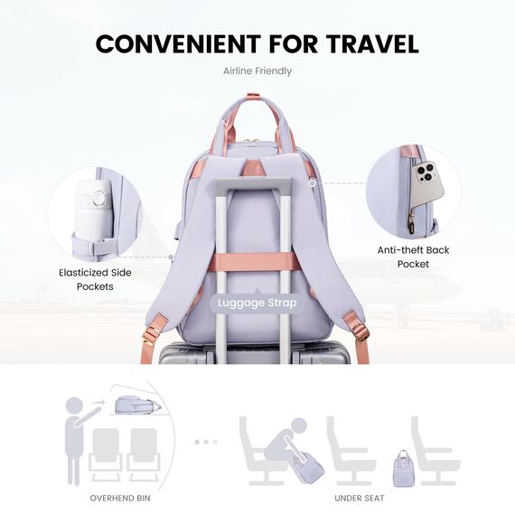 LOVEVOOK Rucksack Damen, 15,6 Zoll Laptoptasche Wasserdicht Schulrucksack Mädchen Teenager Daypacks mit USB Ladeanschluss, Elegant Arbeitstasche Backpack Women für Schule Freizeit Reise, Helllila