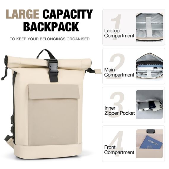 Lekeinchi Rolltop Rucksack Damen & Herren, Elegant Laptop Rucksack Wasserdicht mit 17 Zoll Laptopfach, Großer Reiserucksack Tagesrucksack Schulrucksack für Reisen, Uni Schule, Arbeit - Beige_XL