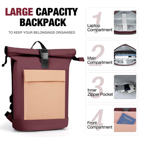 Lekeinchi Rolltop Rucksack Damen & Herren, Elegant Laptop Rucksack Wasserdicht mit 17 Zoll Laptopfach, Großer Reiserucksack Tagesrucksack Schulrucksack für Reisen, Uni Schule, Arbeit - Rotwein