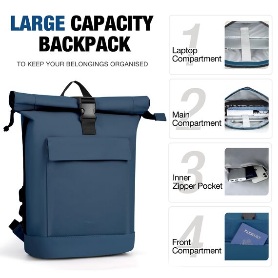 Lekeinchi Rolltop Rucksack Damen & Herren, Elegant Laptop Rucksack Wasserdicht mit 17 Zoll Laptopfach, Großer Reiserucksack Tagesrucksack Schulrucksack für Reisen, Uni Schule, Arbeit - Blau