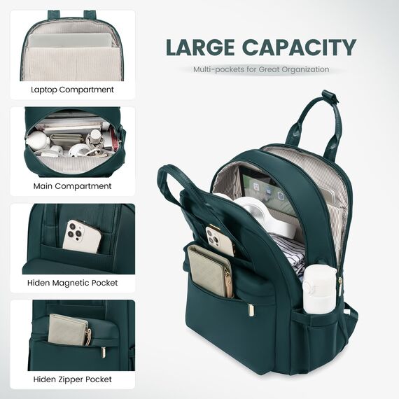 LOVEVOOK Rucksack Damen Groß, 17 Zoll Laptop Schulrucksack Teenager mit Laptopfach, Elegant Schultasche Tagesrucksäcke Handgepäck Rucksack für Uni Reise Arbeit, Dunkelgrün