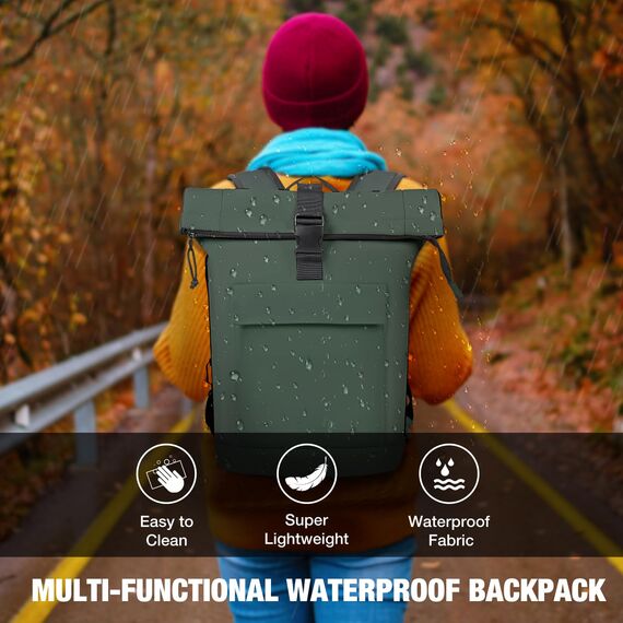 Lekeinchi Rolltop Rucksack Damen & Herren, Elegant Laptop Rucksack Wasserdicht mit 17 Zoll Laptopfach, Großer Reiserucksack Tagesrucksack Schulrucksack für Reisen, Uni Schule, Arbeit - Grün