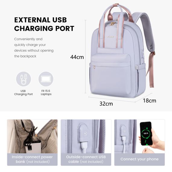 LOVEVOOK Rucksack Damen, 15,6 Zoll Laptoptasche Wasserdicht Schulrucksack Mädchen Teenager Daypacks mit USB Ladeanschluss, Elegant Arbeitstasche Backpack Women für Schule Freizeit Reise, Helllila